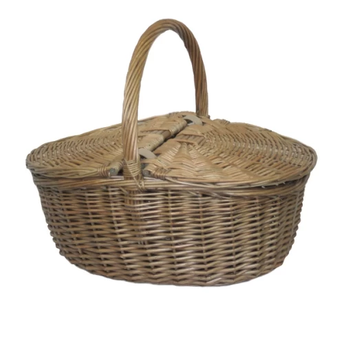 Antique Grey Oval Willow Hand Crafted Storage Picnic Basket 95216
