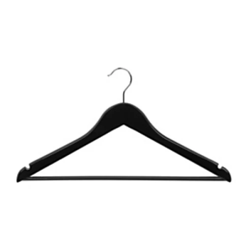 Black Curved Neck Wooden Hanger With Bar 43cm (Box of 50) 52013