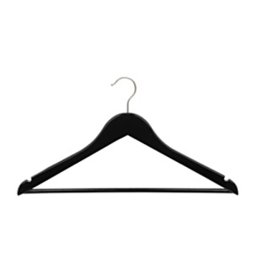 Black Gloss Curved Neck Wooden Hanger With Bar 43cm (Box of 50) 52027