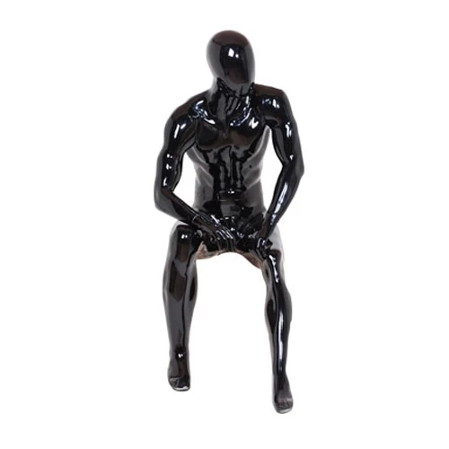 Black Gloss Sitting Male Mannequin - Hands On Legs, Facing Sidewards 70114