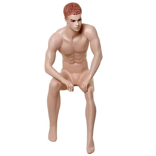 Sculptured Hair Male FleshTone Sitting Mannequin - Hands on Legs 70501