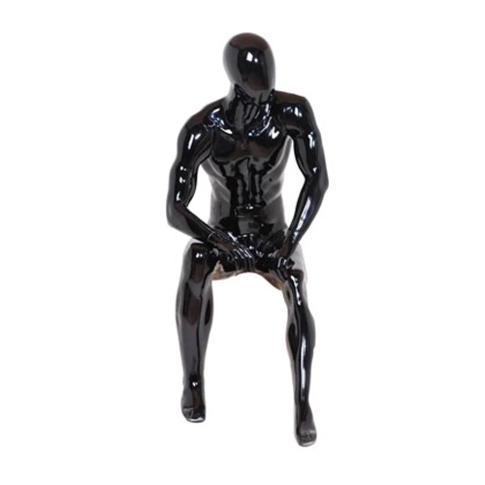Black Gloss Sitting Male Mannequin - Hands On Legs, Facing Sidewards - 70114